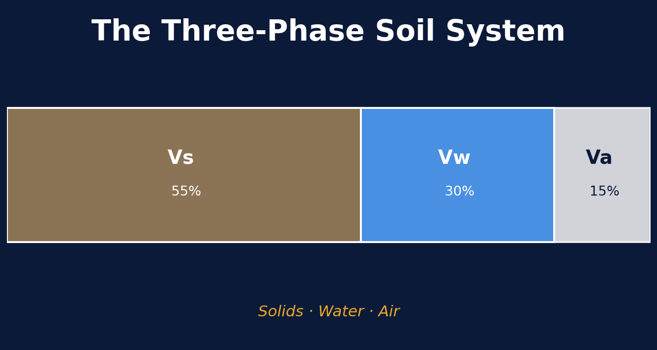 Three-phase soil diagram showing solids, water, and air volumes